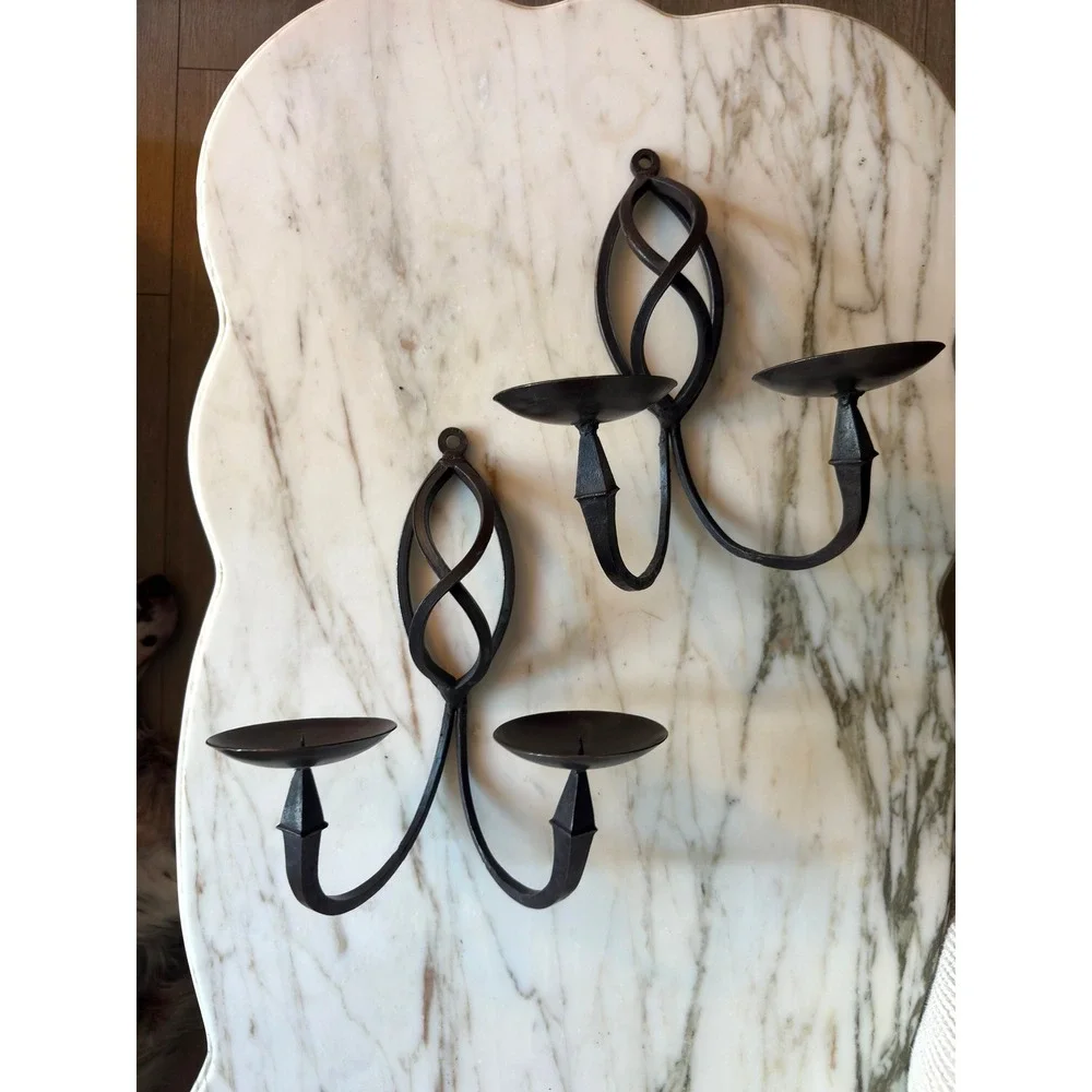 Vintage Pair Wrought Iron Double Arm Wall Sconces Candle Holders Gothic